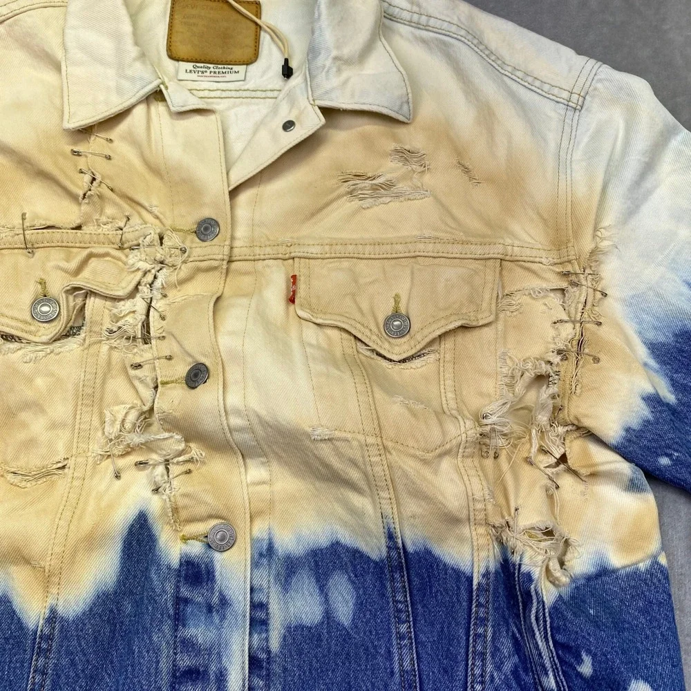 Levis Distressed Ombre Tie Dye Denim Trucker Jacket Custom Bleached Safety Pin L